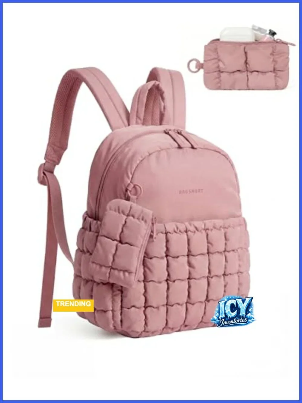 BAGSMART Puffy Quilted Mini Backpack, Checkered with Pouch, Water-Resistant